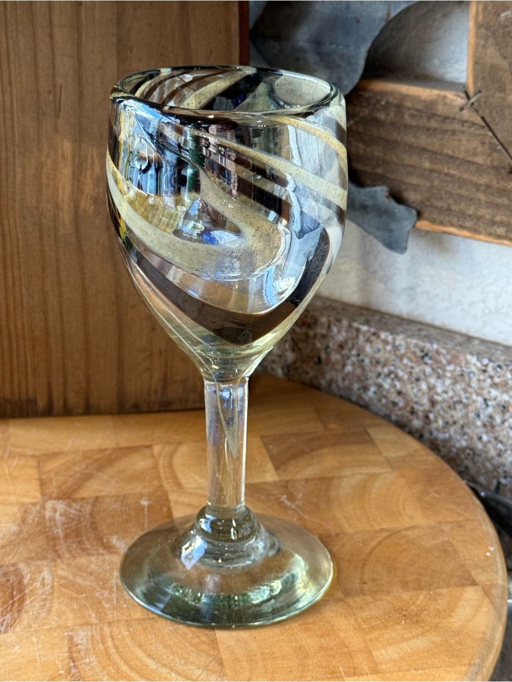 Handblown Swirl Glass Goblet in Pale Green with Gold Accent